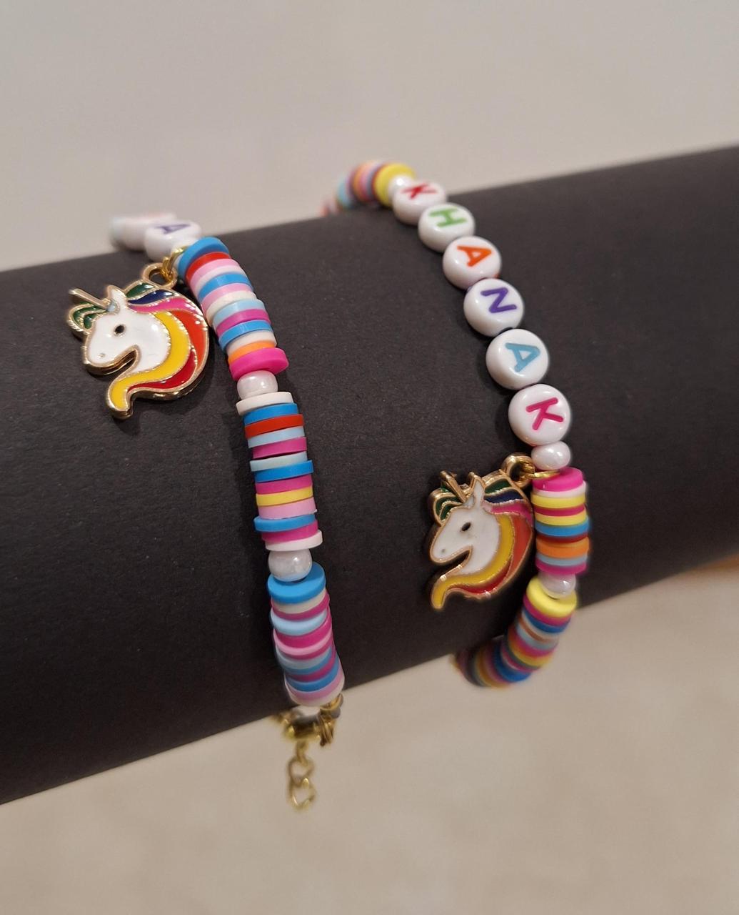 Customized Name Fimo Beads Hand Bracelet with Hanging Cartoon Charms