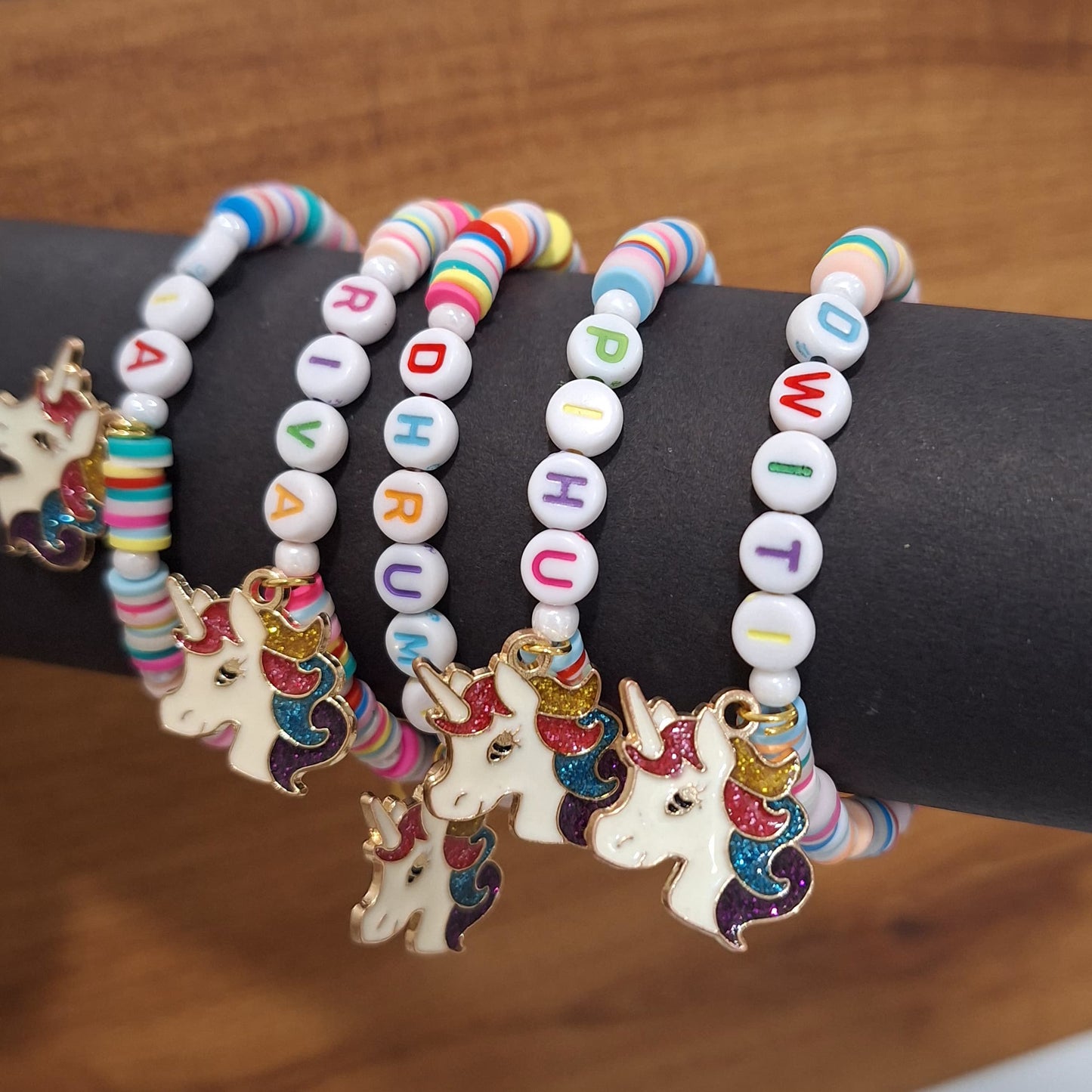 Customized Name Fimo Beads Hand Bracelet with Hanging Cartoon Charms