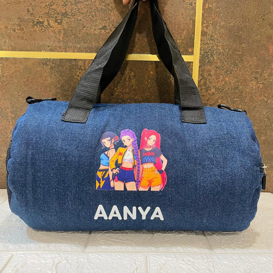 Personalized Denim Duffle Bag with Cartoon for Kids