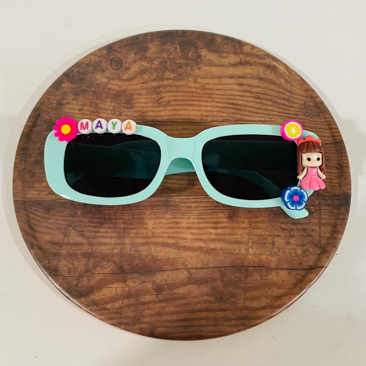Customised name with cartoons rectangle shape polarized sunglasses for kids