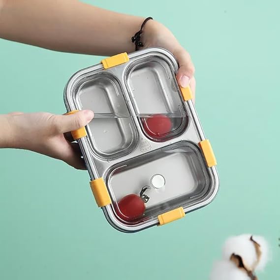 Leakage Proof Stainless Steel Lunch Box with Spoon,Fork & Chopsticks with 3 Compartment for School Kids and Adults