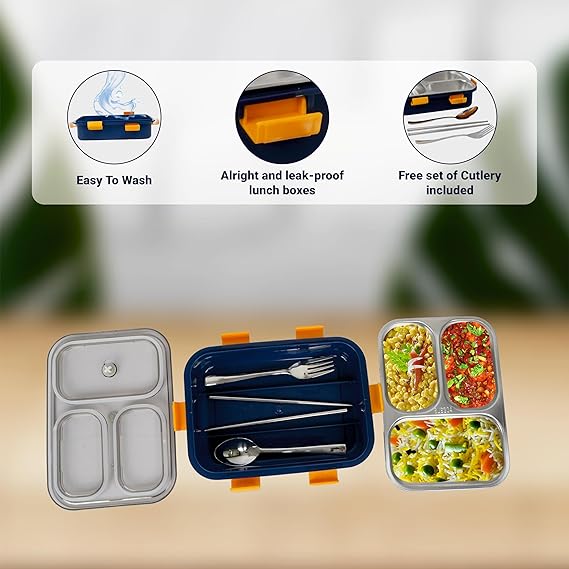Leakage Proof Stainless Steel Lunch Box with Spoon,Fork & Chopsticks with 3 Compartment for School Kids and Adults