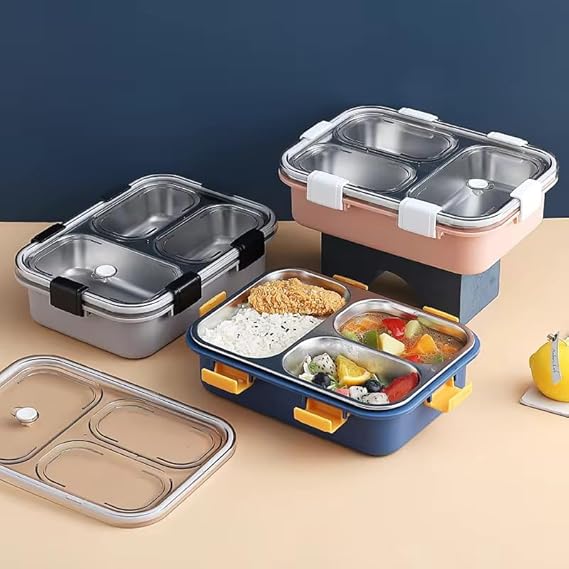 Leakage Proof Stainless Steel Lunch Box with Spoon,Fork & Chopsticks with 3 Compartment for School Kids and Adults