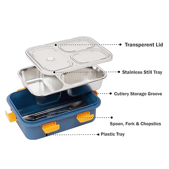 Leakage Proof Stainless Steel Lunch Box with Spoon,Fork & Chopsticks with 3 Compartment for School Kids and Adults