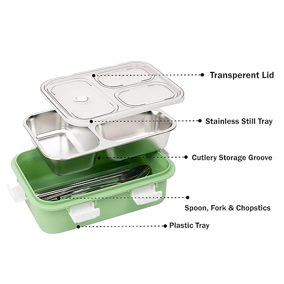 Leakage Proof Stainless Steel Lunch Box with Spoon,Fork & Chopsticks with 3 Compartment for School Kids and Adults