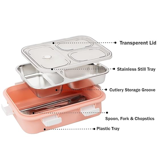 Leakage Proof Stainless Steel Lunch Box with Spoon,Fork & Chopsticks with 3 Compartment for School Kids and Adults