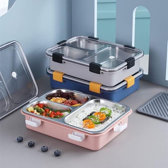 Leakage Proof Stainless Steel Lunch Box with Spoon,Fork & Chopsticks with 3 Compartment for School Kids and Adults