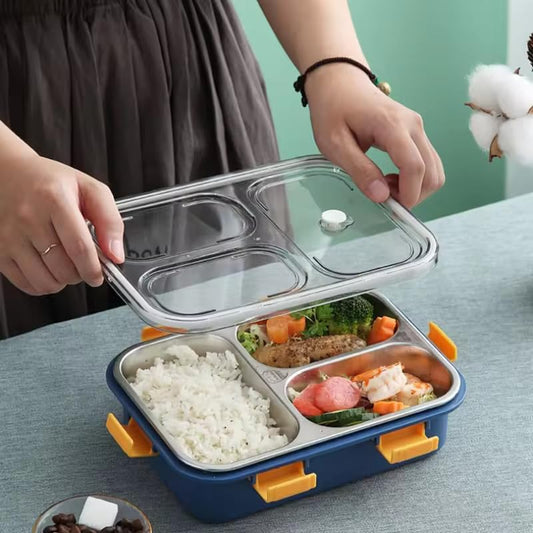 Leakage Proof Stainless Steel Lunch Box with Spoon,Fork & Chopsticks with 3 Compartment for School Kids and Adults