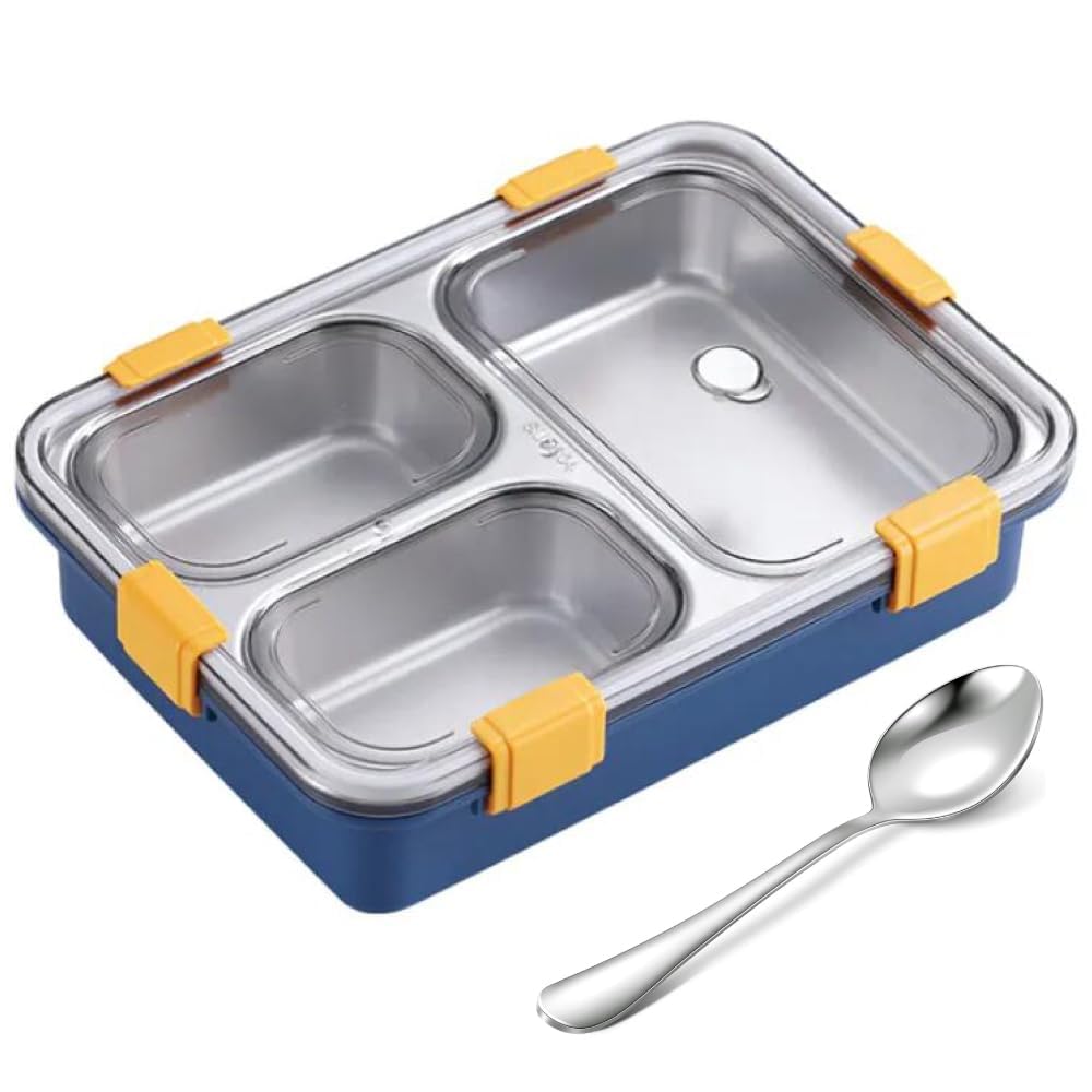 Leakage Proof Stainless Steel Lunch Box with Spoon,Fork & Chopsticks with 3 Compartment for School Kids and Adults