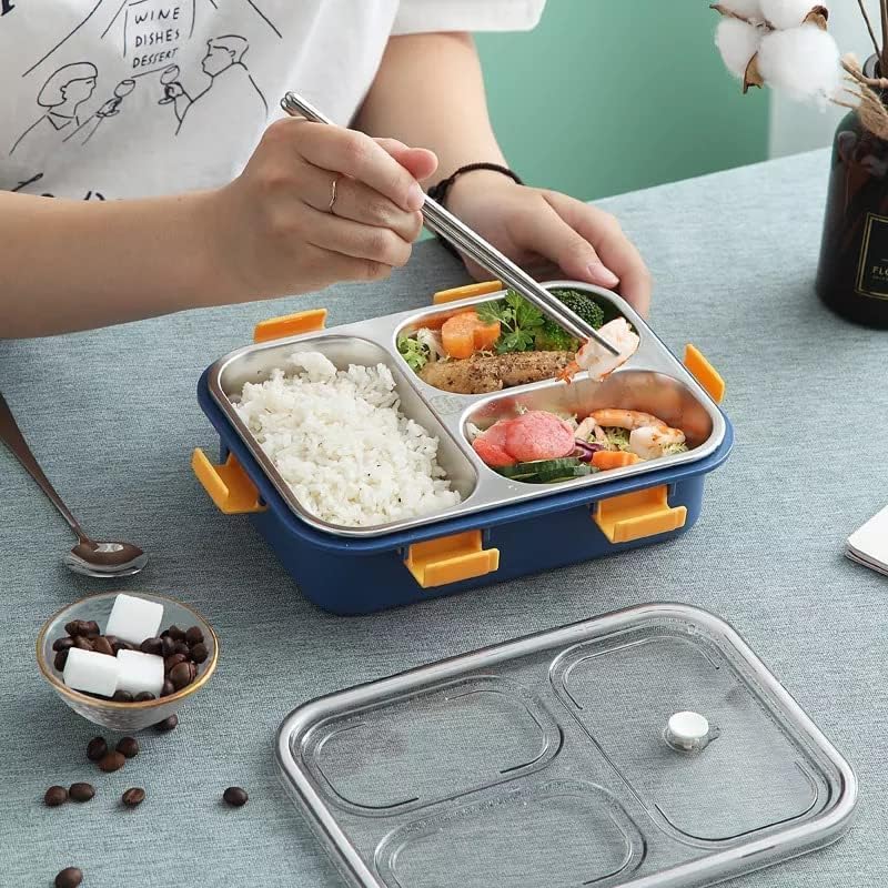 Leakage Proof Stainless Steel Lunch Box with Spoon,Fork & Chopsticks with 3 Compartment for School Kids and Adults