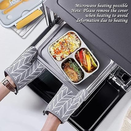 Leakage Proof Stainless Steel Lunch Box with Spoon,Fork & Chopsticks with 3 Compartment for School Kids and Adults