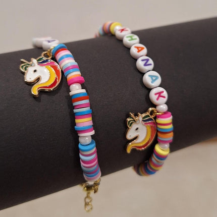 Customized Name Fimo Beads Hand Bracelet with Hanging Cartoon Charms - 1 Bracelet