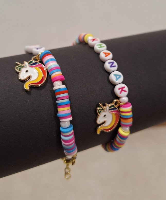 Customized Name Fimo Beads Hand Bracelet with Hanging Cartoon Charms - 1 Bracelet