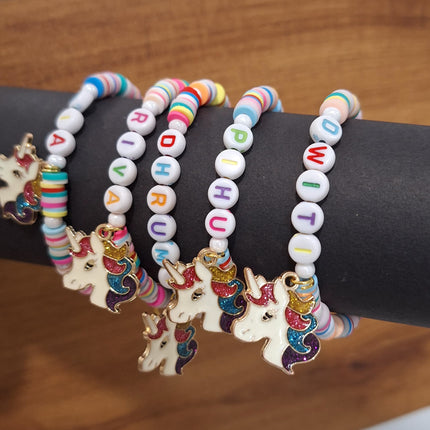 Customized Name Fimo Beads Hand Bracelet with Hanging Cartoon Charms - 1 Bracelet