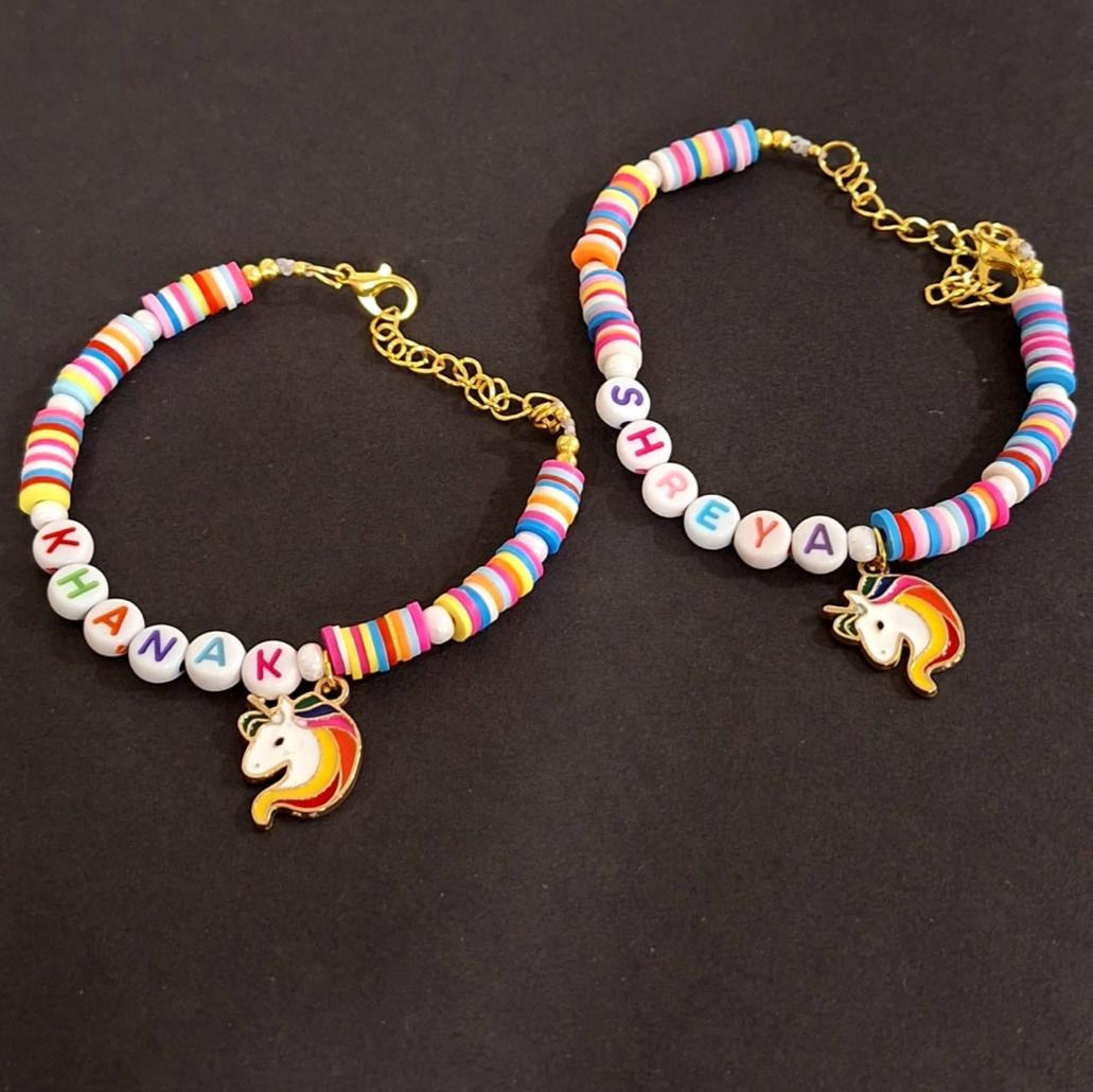 Customized Name Fimo Beads Hand Bracelet with Hanging Cartoon Charms