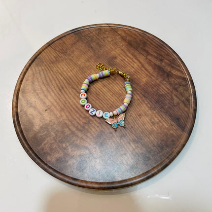 Customized Name Fimo Beads Hand Bracelet with Hanging Cartoon Charms - 1 Bracelet