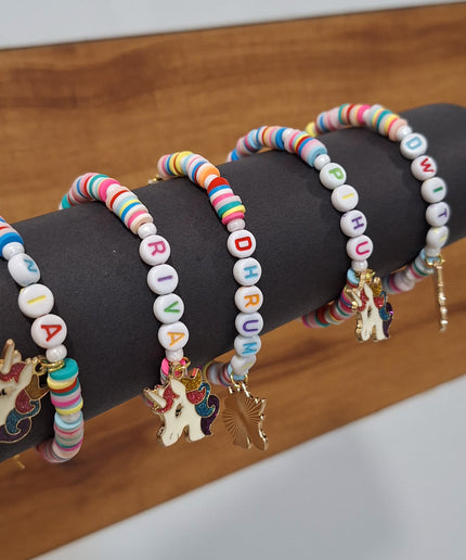 Customized Name Fimo Beads Hand Bracelet with Hanging Cartoon Charms - 1 Bracelet