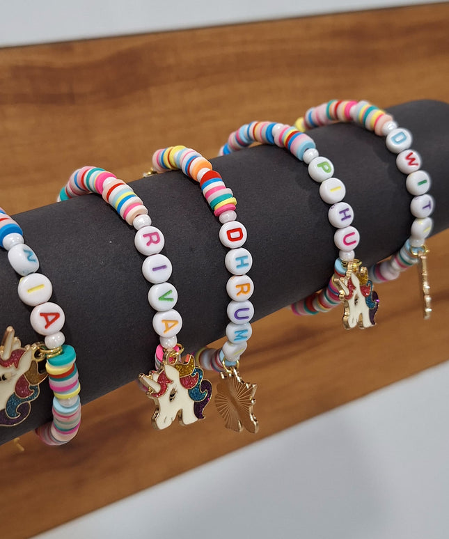 Customized Name Fimo Beads Hand Bracelet with Hanging Cartoon Charms - 1 Bracelet