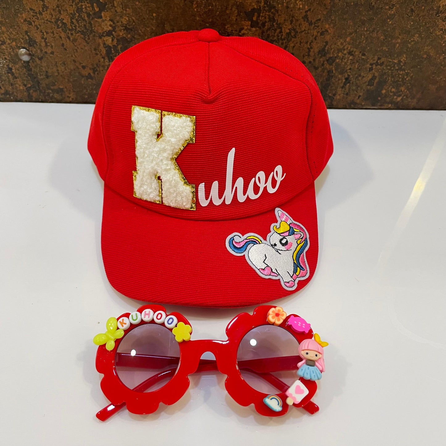 Summer Essentials Combo - Customized Flower shape Sunglasses + Printed Name Cap