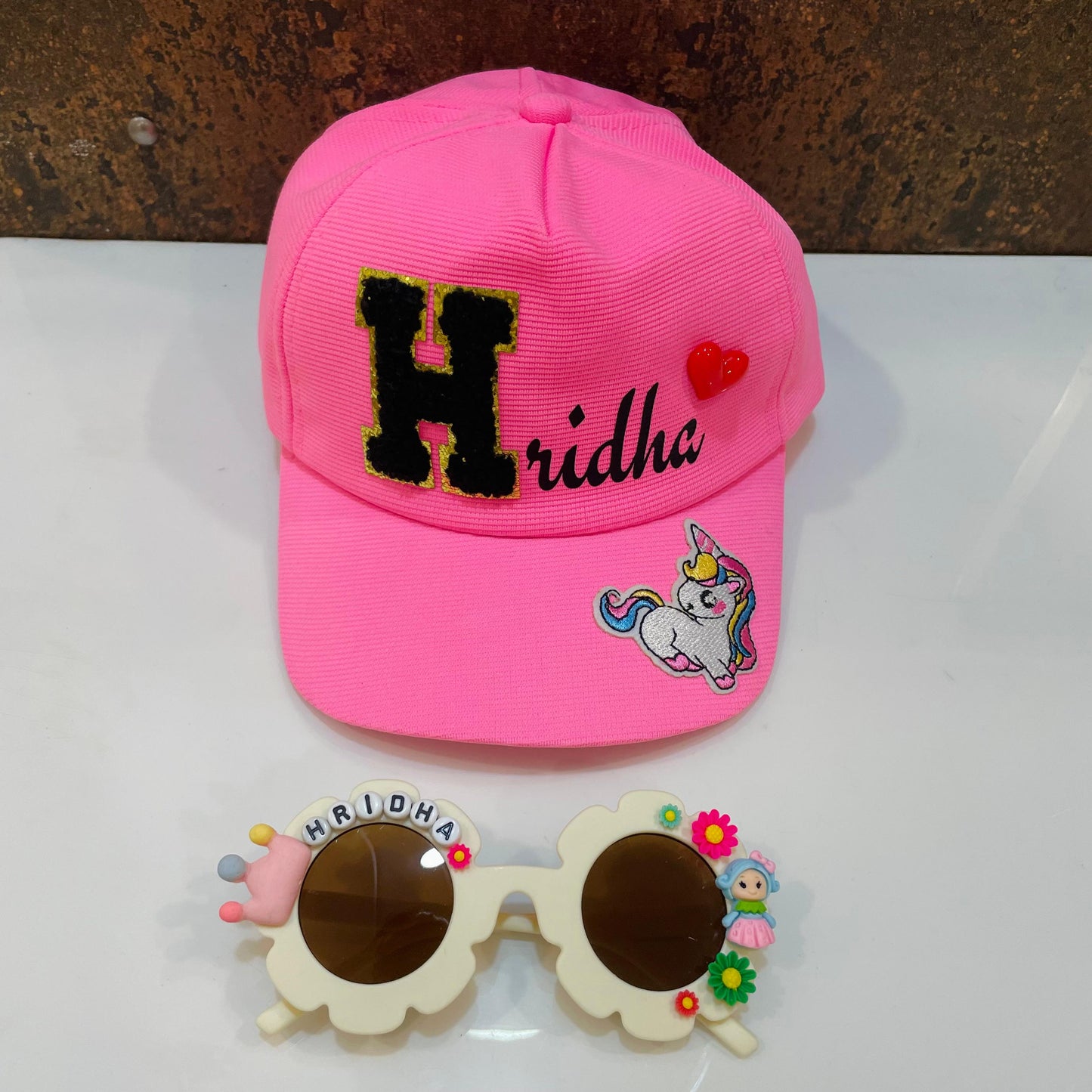 Summer Essentials Combo - Customized Flower shape Sunglasses + Printed Name Cap
