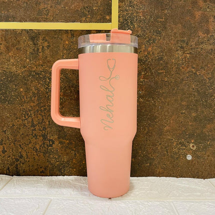 Customized Large Tumbler with handle and straw | Premium Insulated Travel Coffee Mug with name 1200ml