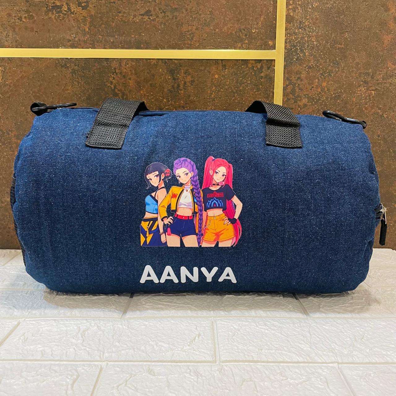Personalized Denim Duffle Bag with Cartoon for Kids