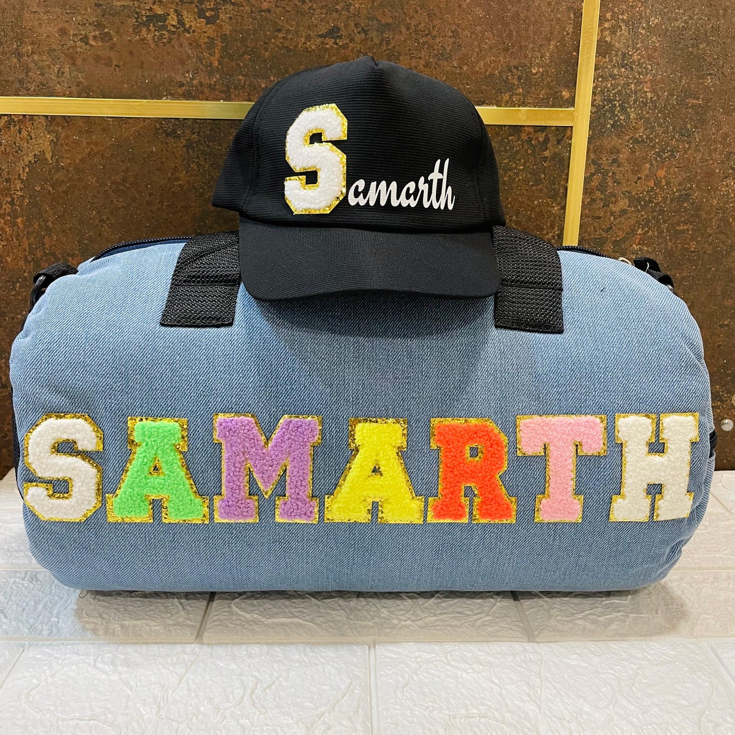 Denim Duffle Bag & Name Cap combo