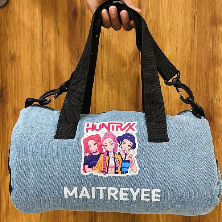 Personalized Denim Duffle Bag with Cartoon for Kids