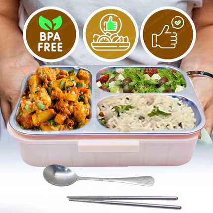 Leakage Proof Stainless Steel Lunch Box with Spoon & Fork with 3 Compartment for School Kids and Adults (Copy)