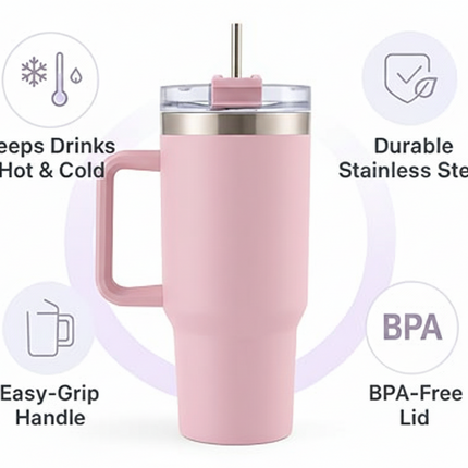 Large Tumbler with handle and straw | Premium Insulated Travel Coffee Mug 1200ml