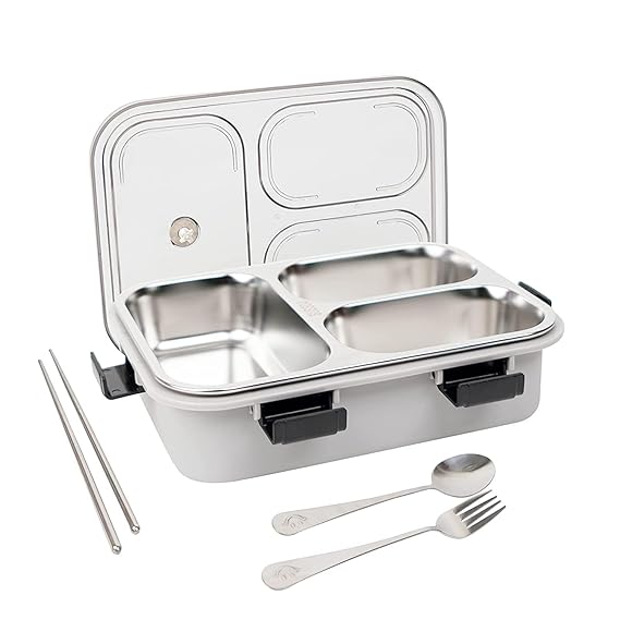Leakage Proof Stainless Steel Lunch Box with Spoon,Fork & Chopsticks with 3 Compartment for School Kids and Adults