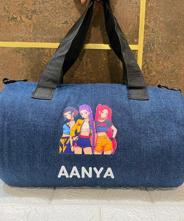 Personalized Denim Duffle Bag with Cartoon for Kids