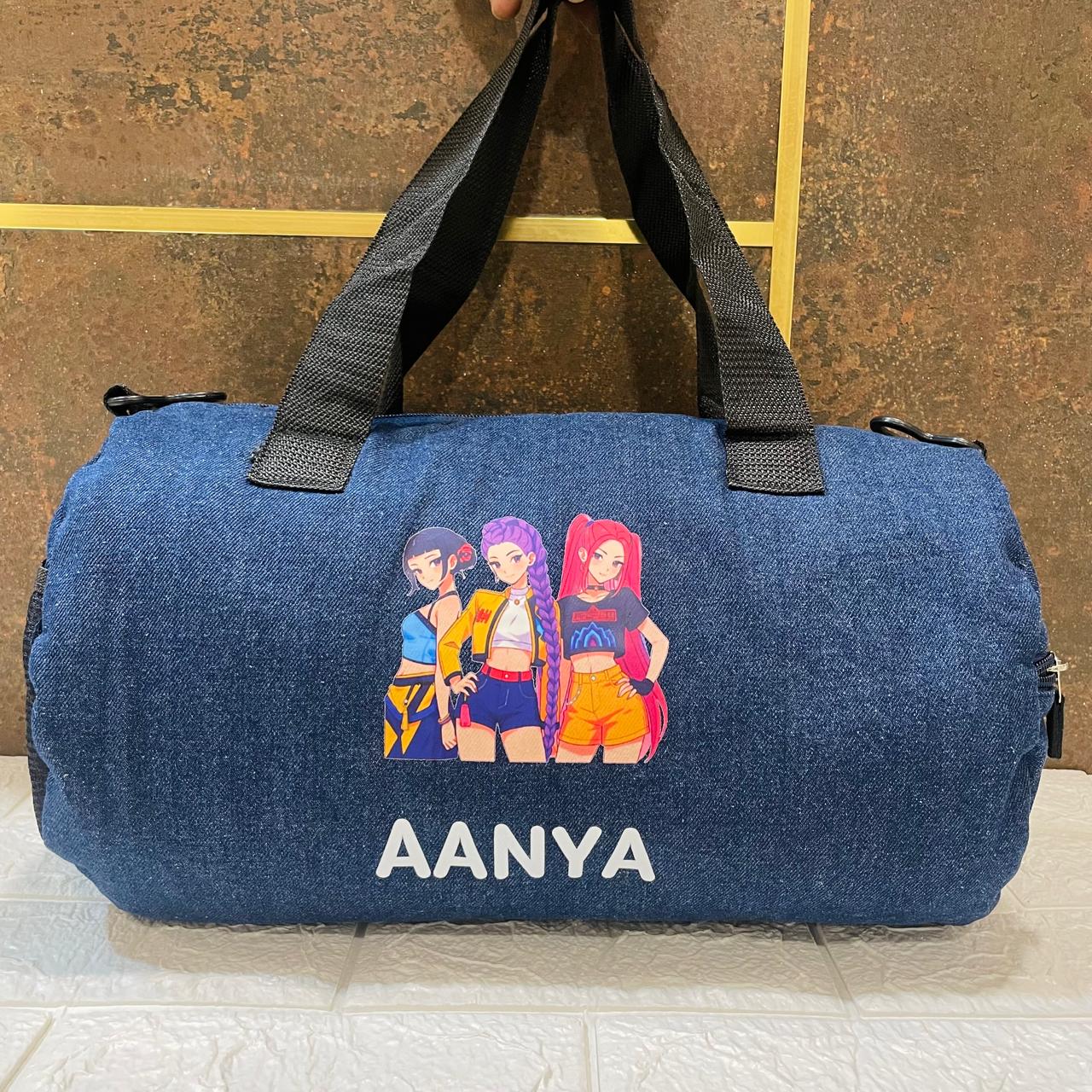 Personalized Denim Duffle Bag with Cartoon for Kids