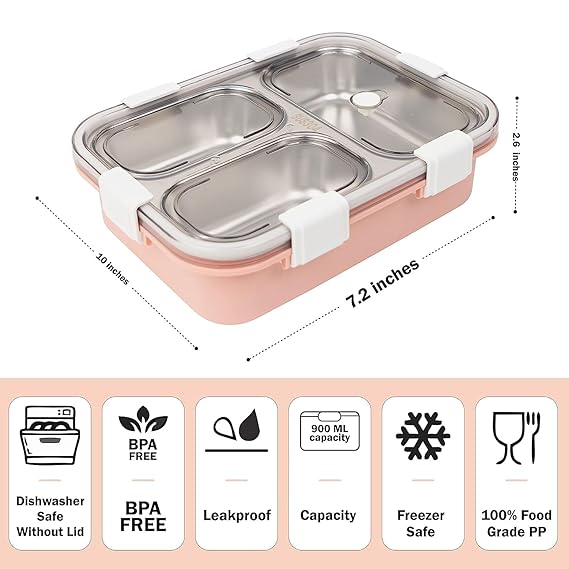 Leakage Proof Stainless Steel Lunch Box with Spoon,Fork & Chopsticks with 3 Compartment for School Kids and Adults