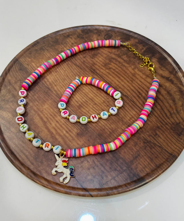 Customized Necklace & Bracelet Set with Name & Cartoon Design