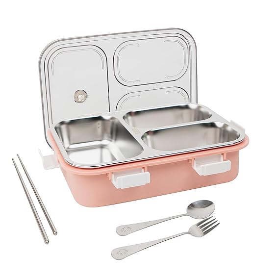 Leakage Proof Stainless Steel Lunch Box with Spoon,Fork & Chopsticks with 3 Compartment for School Kids and Adults