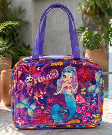 Premium Holographic Tote Bag with Mermaid, Unicorn & Rainbow Print