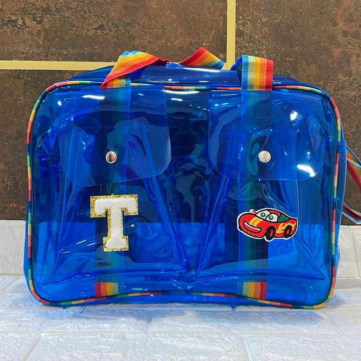 Customized Jelly Duffle Bag Double Pocket with Rainbow belt