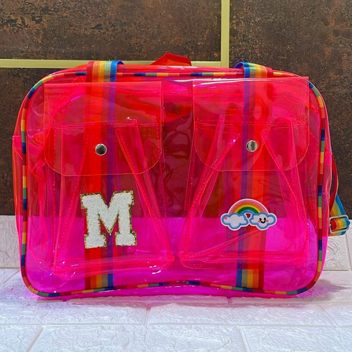 Customized Jelly Duffle Bag Double Pocket with Rainbow belt
