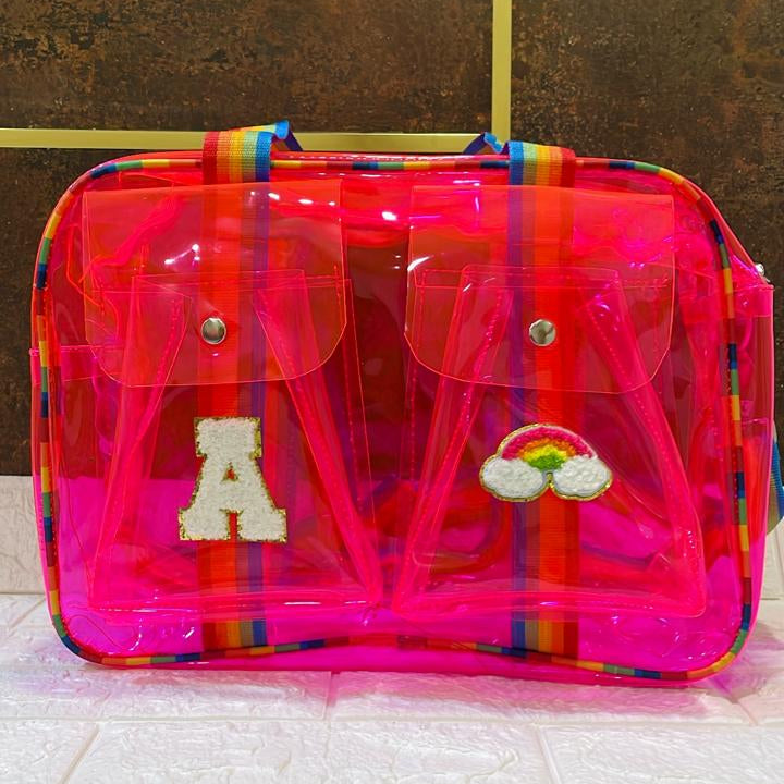 Customized Jelly Duffle Bag Double Pocket with Rainbow belt
