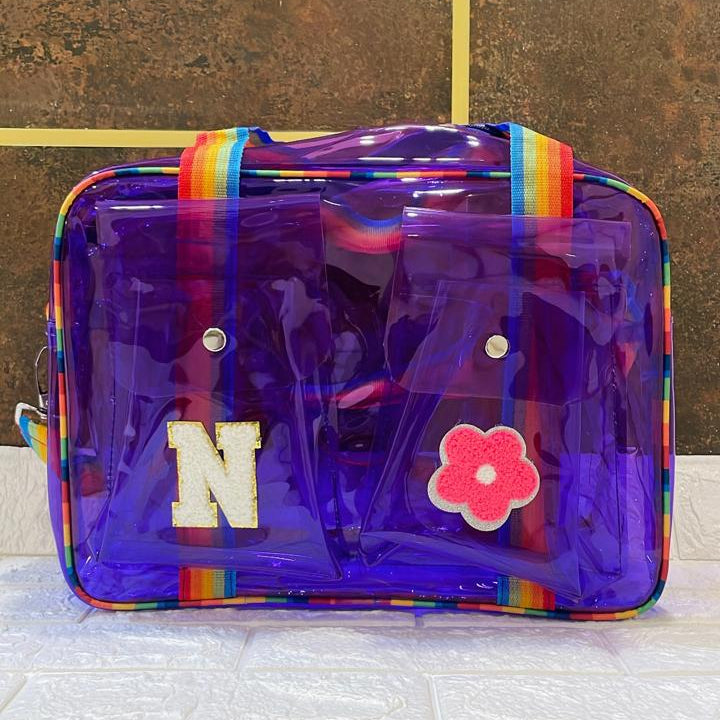 Customized Jelly Duffle Bag Double Pocket with Rainbow belt