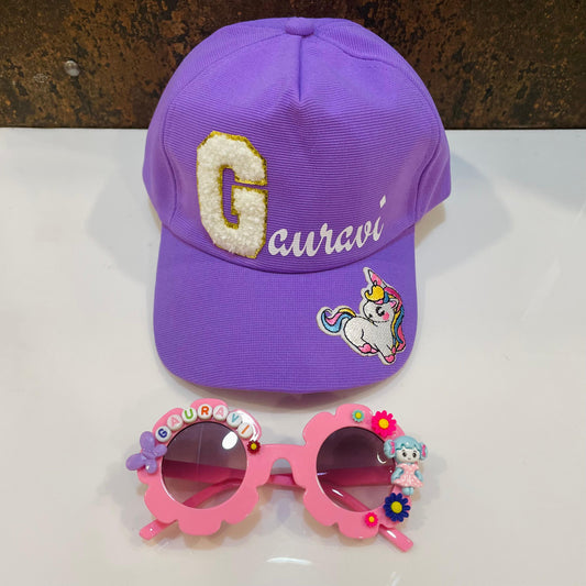 Summer Essentials Combo - Customized Flower shape Sunglasses + Printed Name Cap