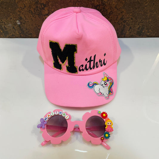 Summer Essentials Combo - Customized Flower shape Sunglasses + Printed Name Cap