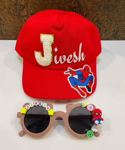 Summer Essentials Combo - Customized Teddy Shape Sunglasses + Printed Name Cap & Cartoons