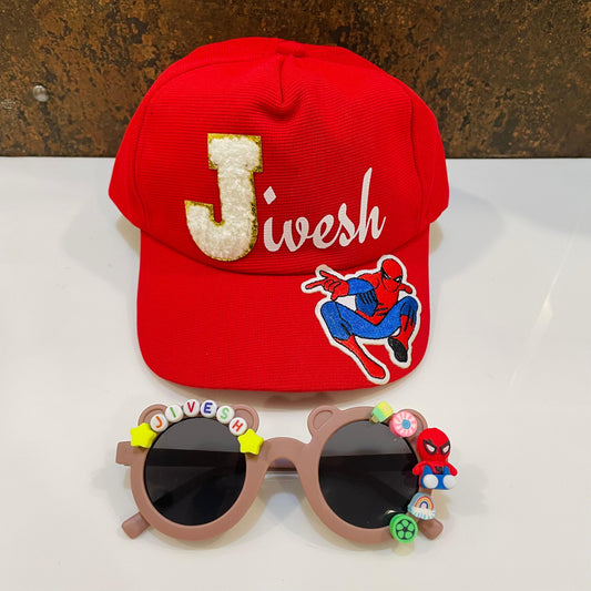 Summer Essentials Combo - Customized Teddy Shape Sunglasses + Printed Name Cap & Cartoons