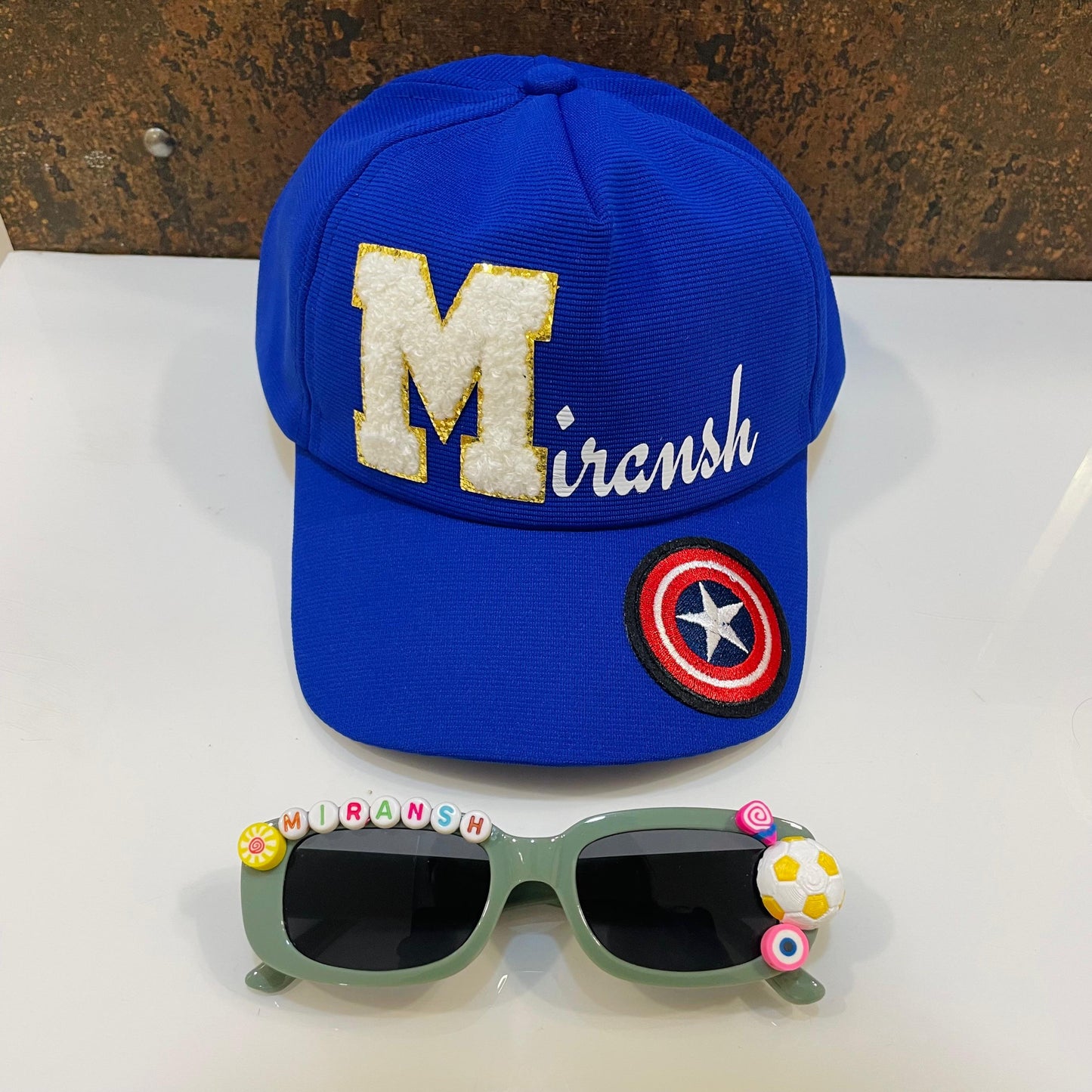 Summer Essentials Combo - Customized Rectangle Sunglasses + Printed Name Cap & Cartoons