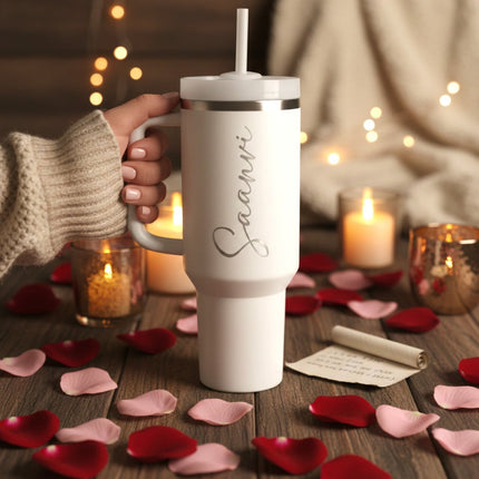 Customized Large Tumbler with handle and straw | Premium Insulated Travel Coffee Mug with name 1200ml