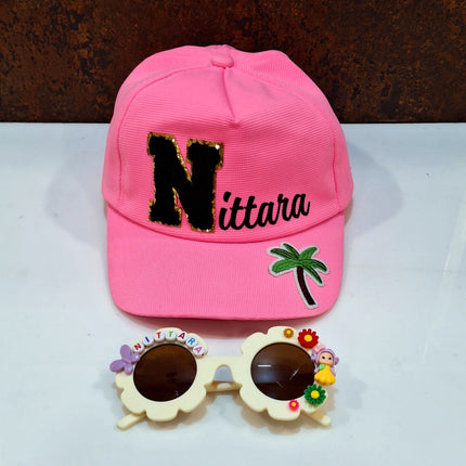 Summer Essentials Combo - Customized Flower shape Sunglasses + Printed Name Cap