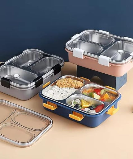 Leakage Proof Stainless Steel Lunch Box with Spoon & Fork with 3 Compartment for School Kids and Adults