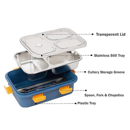Leakage Proof Stainless Steel Lunch Box with Spoon & Fork with 3 Compartment for School Kids and Adults